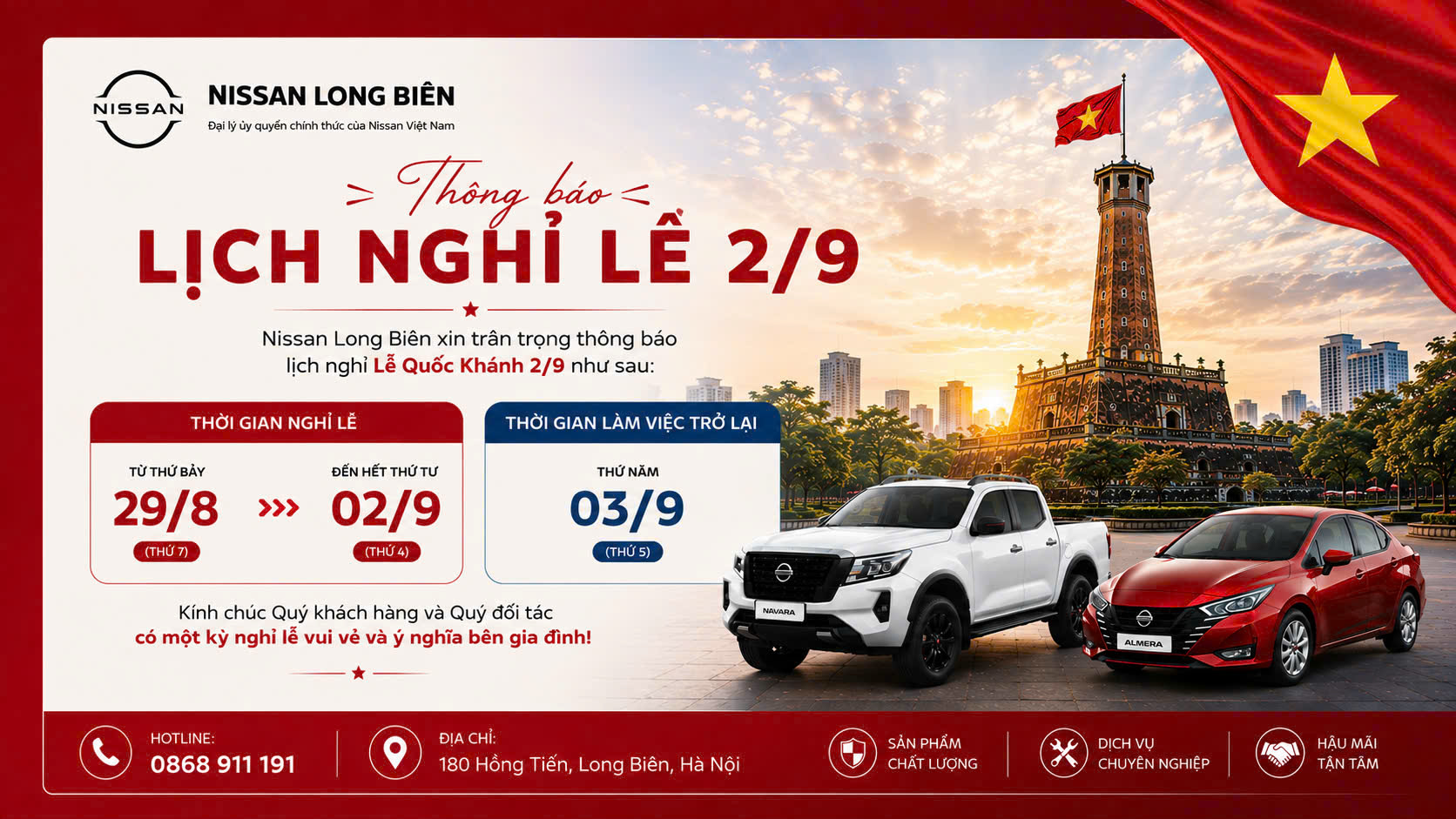 Nissan Long Biên thông báo lich nghỉ lễ 2/9